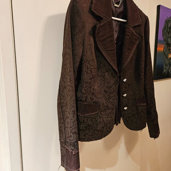 DAVID BITTON jacquard & corduroy frayed-edge rhinestone buttons jacket blazer - Picture 9 of 10